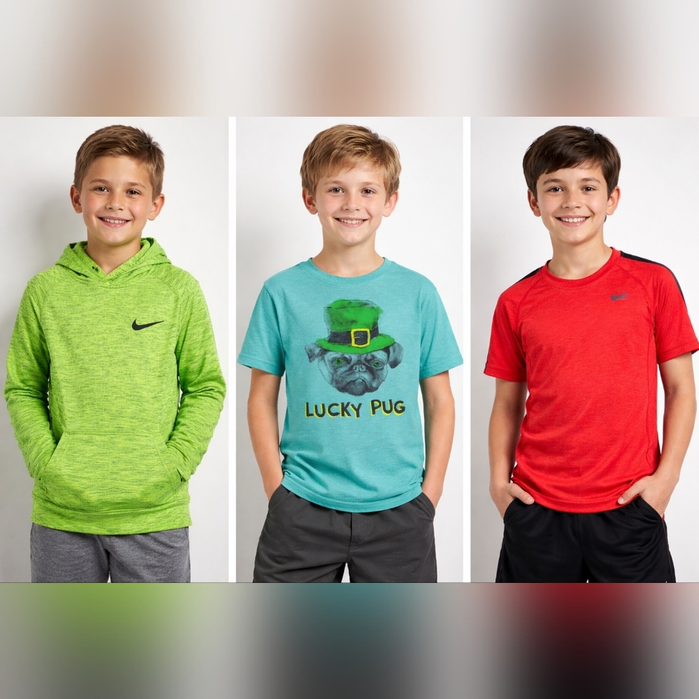 Boys Size 8 Nike Dri-Fit Lot 3 Athletic Shirts Hoodie Bundle Green Red